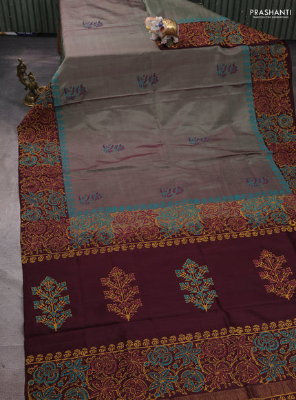 Uppada block printed silk saree greyish green and wine shade with floral butta prints and printed border
