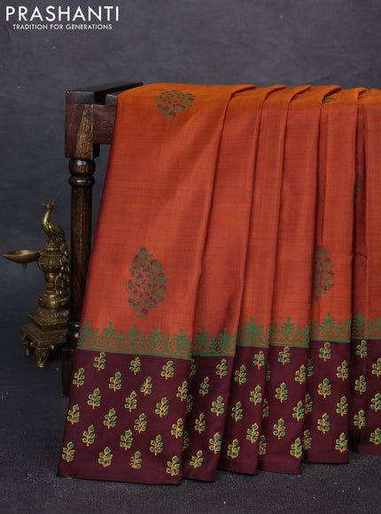 Uppada block printed silk saree rust shade and coffee brown with butta prints and printed border