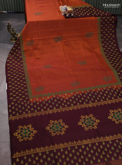 Uppada block printed silk saree rust shade and coffee brown with butta prints and printed border
