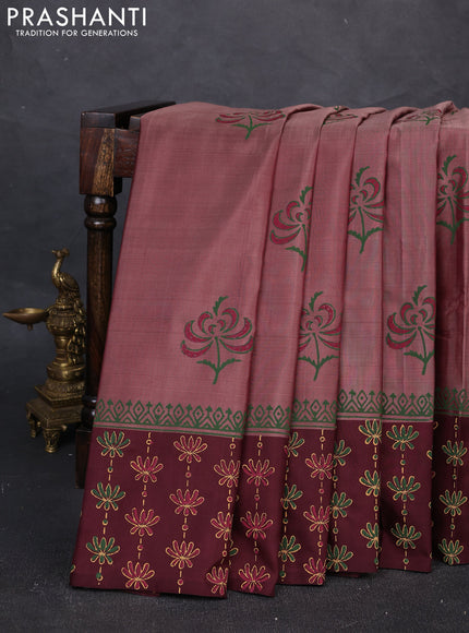 Uppada block printed silk saree rosy brown and coffee brown with floral butta prints and printed border