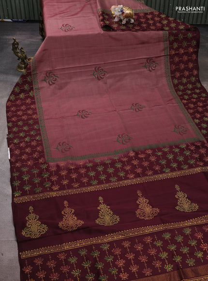 Uppada block printed silk saree rosy brown and coffee brown with floral butta prints and printed border