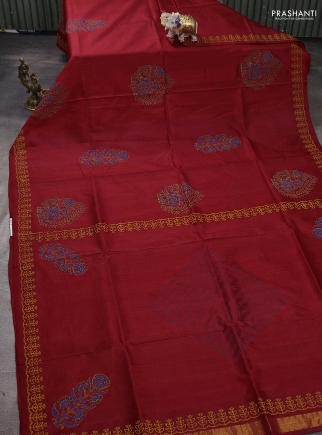 Uppada block printed silk saree red with butta prints and printed border