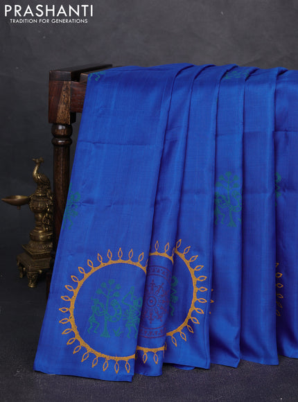 Uppada block printed silk saree royal blue with butta prints in borderless style