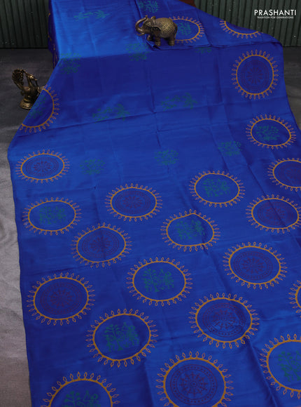 Uppada block printed silk saree royal blue with butta prints in borderless style