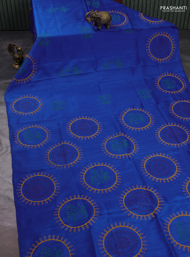 Uppada block printed silk saree royal blue with butta prints in borderless style