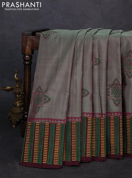 Uppada block printed silk saree greyish green and wine shade with butta prints and printed border