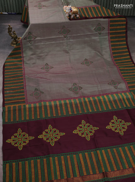 Uppada block printed silk saree greyish green and wine shade with butta prints and printed border