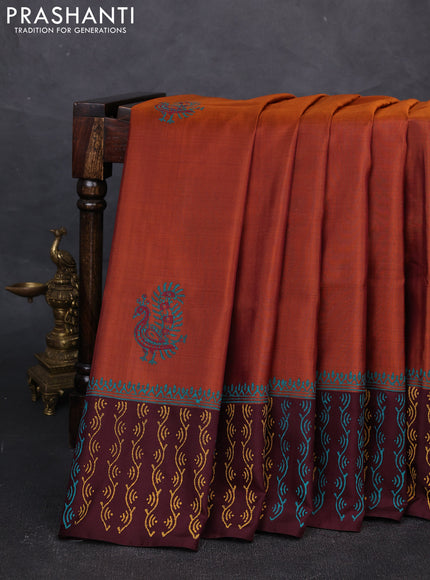 Uppada block printed silk saree rust shade with butta prints and printed border