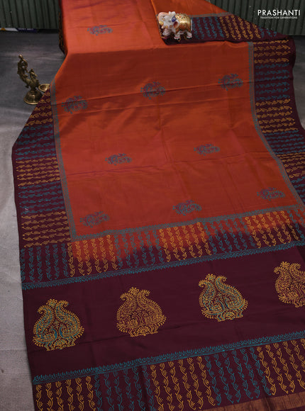 Uppada block printed silk saree rust shade with butta prints and printed border
