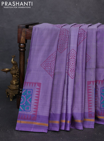 Uppada block printed silk saree pastel lavender and lavender with geometric butta prints and zari woven simple border