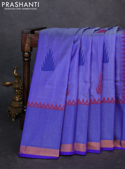 Uppada block printed silk saree mild violet and blue with temple butta prints and zari woven border