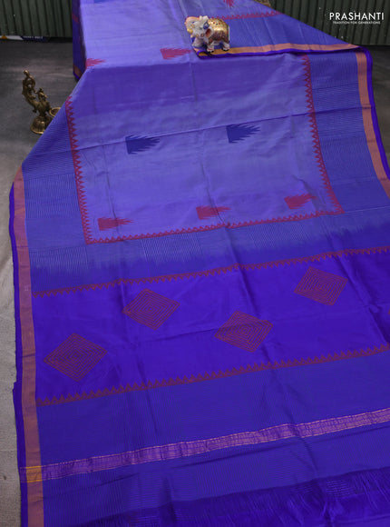 Uppada block printed silk saree mild violet and blue with temple butta prints and zari woven border