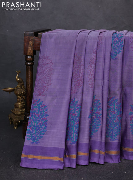 Uppada block printed silk saree pastel lavender and lavender with butta prints and zari woven simple border