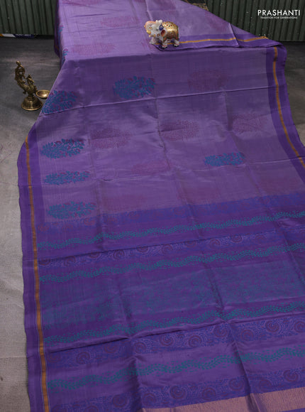 Uppada block printed silk saree pastel lavender and lavender with butta prints and zari woven simple border