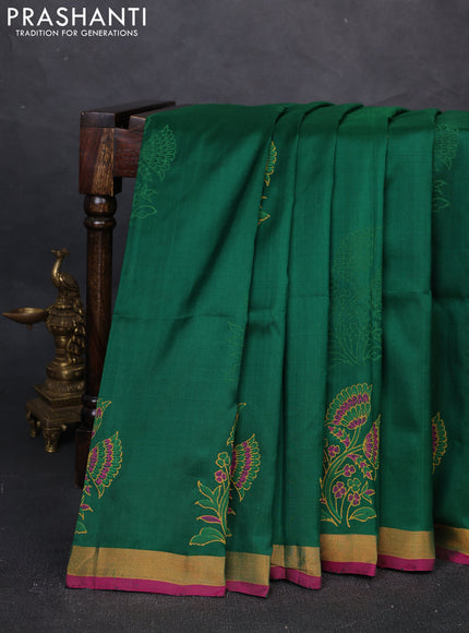 Uppada block printed silk saree green and pink with floral butta prints and zari woven border