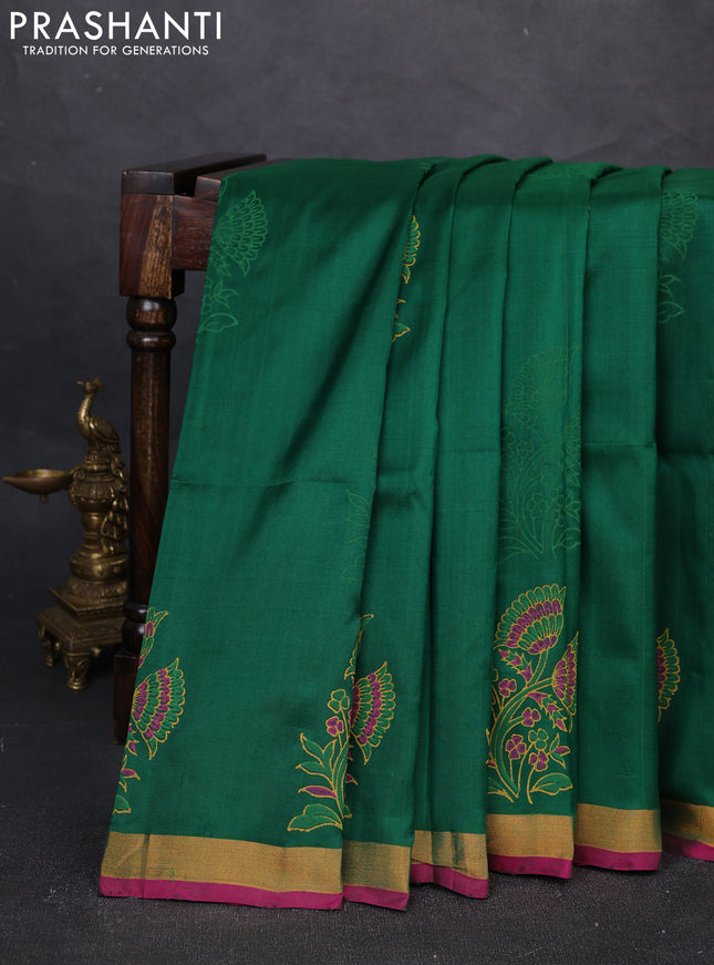 Uppada block printed silk saree green and pink with floral butta prints and zari woven border