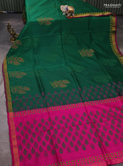 Uppada block printed silk saree green and pink with floral butta prints and zari woven border