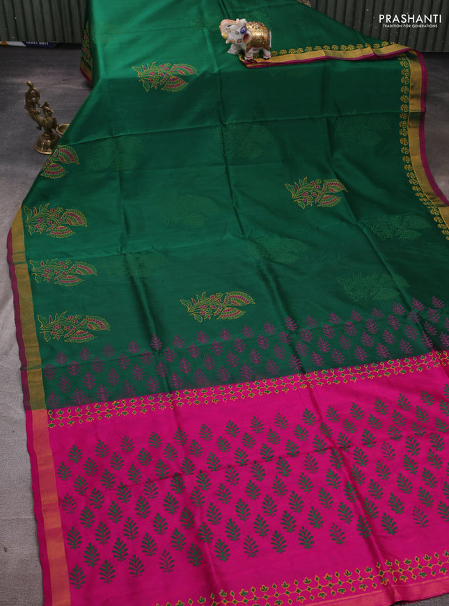 Uppada block printed silk saree green and pink with floral butta prints and zari woven border