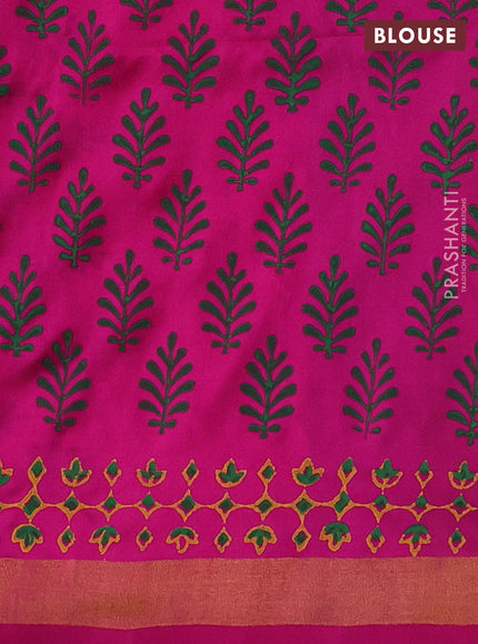 Uppada block printed silk saree green and pink with floral butta prints and zari woven border