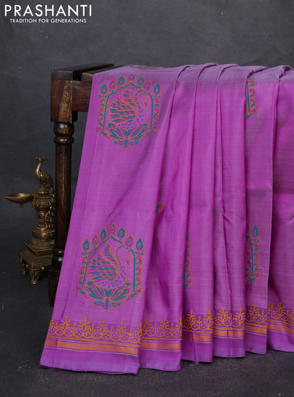 Uppada block printed silk saree mild purple with butta prints and zari woven border