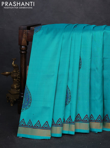 Uppada block printed silk saree teal blue with butta prints and zari woven border