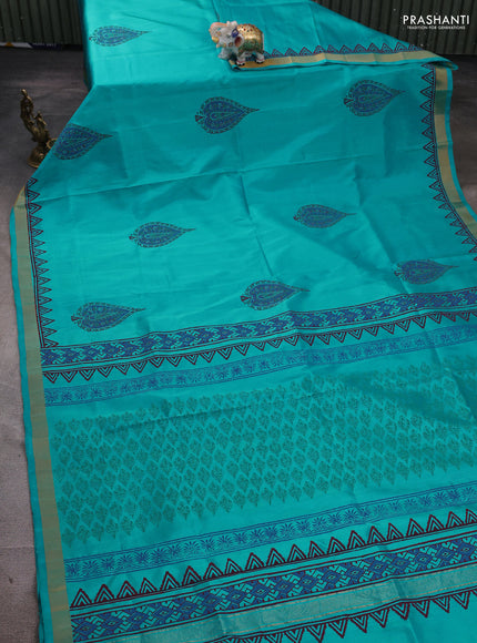 Uppada block printed silk saree teal blue with butta prints and zari woven border