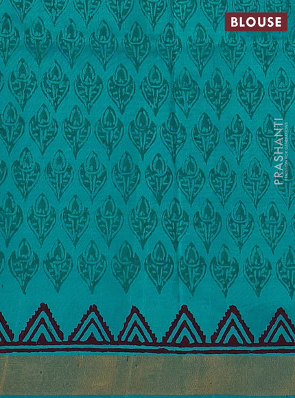 Uppada block printed silk saree teal blue with butta prints and zari woven border