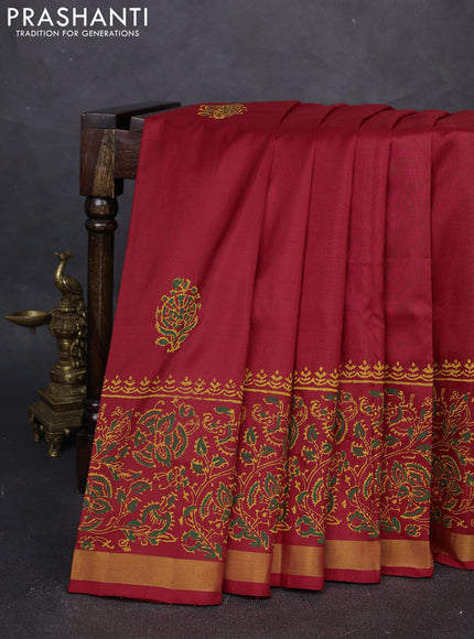 Uppada block printed silk saree red with butta prints and long printed zari woven border
