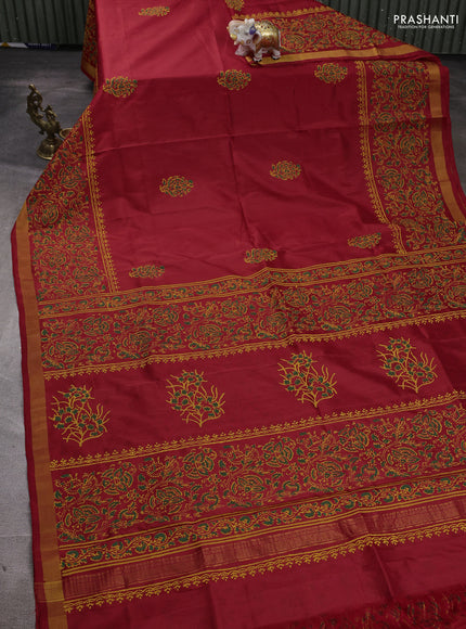 Uppada block printed silk saree red with butta prints and long printed zari woven border