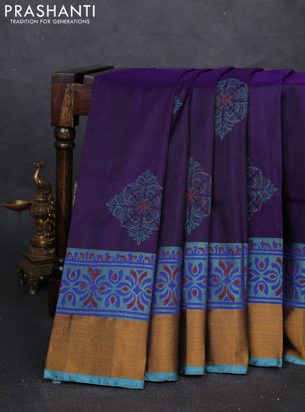 Uppada block printed silk saree violet and pastel blue shade with butta prints and zari woven border