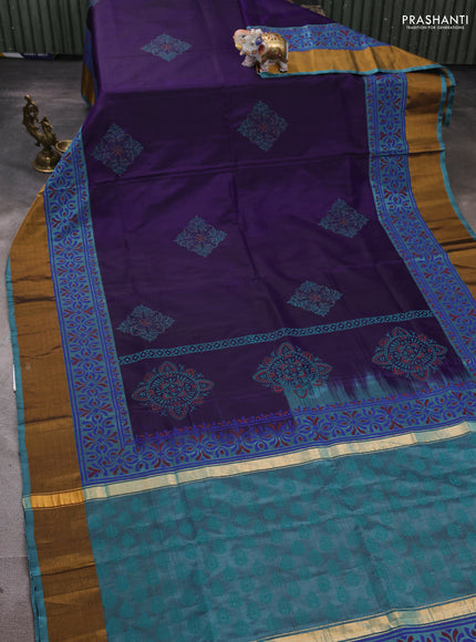 Uppada block printed silk saree violet and pastel blue shade with butta prints and zari woven border