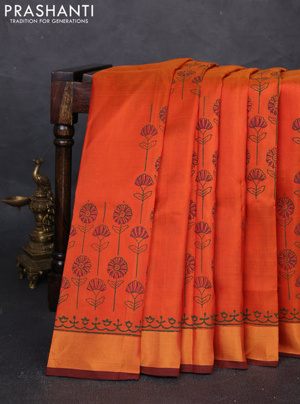 Uppada block printed silk saree rustic orange and coffee brown with prints and zari woven border