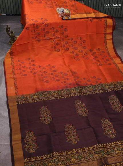 Uppada block printed silk saree rustic orange and coffee brown with prints and zari woven border