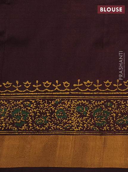 Uppada block printed silk saree rustic orange and coffee brown with prints and zari woven border