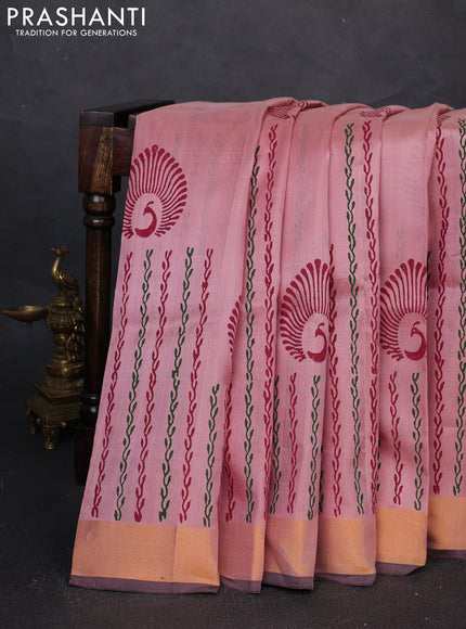 Uppada block printed silk saree pastel pink and coffee brown with prints and zari woven border