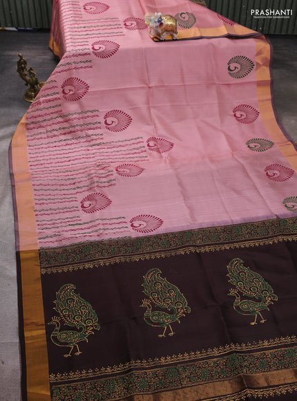 Uppada block printed silk saree pastel pink and coffee brown with prints and zari woven border
