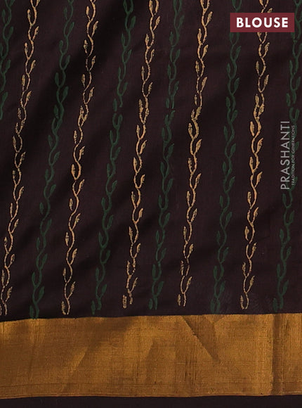 Uppada block printed silk saree pastel pink and coffee brown with prints and zari woven border