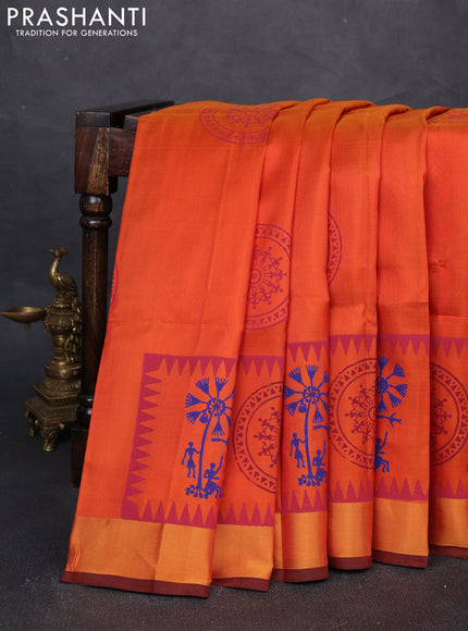 Uppada block printed silk saree rustic orange and coffee brown with butta prints and zari woven border