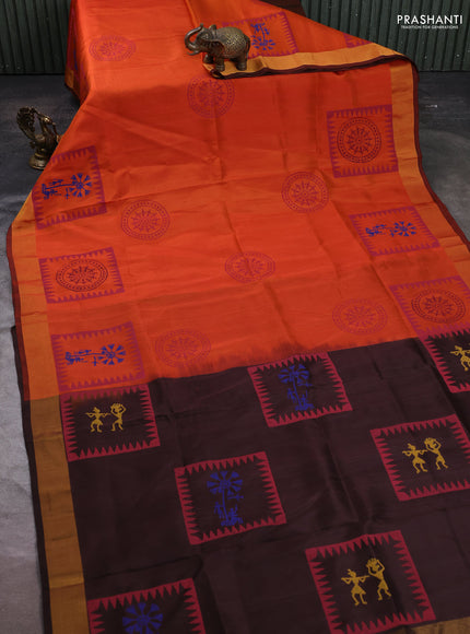 Uppada block printed silk saree rustic orange and coffee brown with butta prints and zari woven border