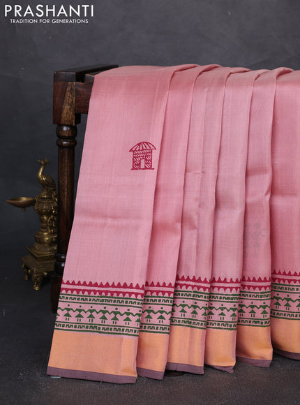 Uppada block printed silk saree pastel peach pink and coffee brown with warli butta prints and zari woven border