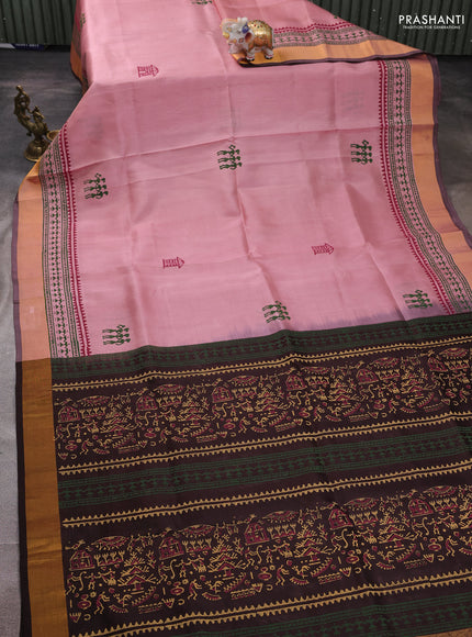 Uppada block printed silk saree pastel peach pink and coffee brown with warli butta prints and zari woven border
