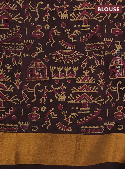 Uppada block printed silk saree pastel peach pink and coffee brown with warli butta prints and zari woven border