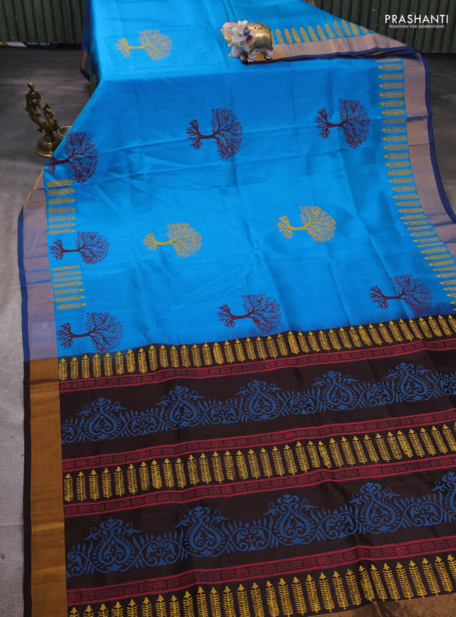 Uppada block printed silk saree cs blue and coffee brown with tree butta prints and zari woven border
