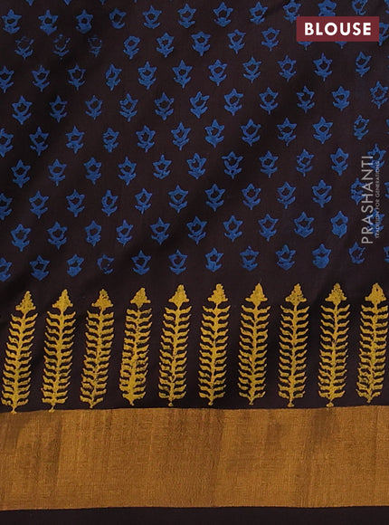 Uppada block printed silk saree cs blue and coffee brown with tree butta prints and zari woven border