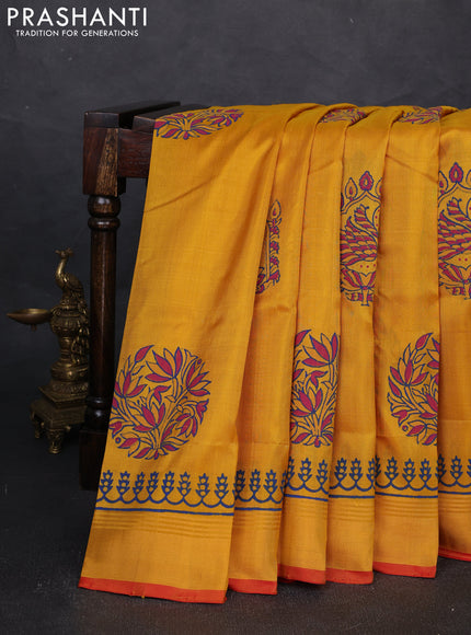 Uppada block printed silk saree mango yellow and pink with butta prints and zari woven border