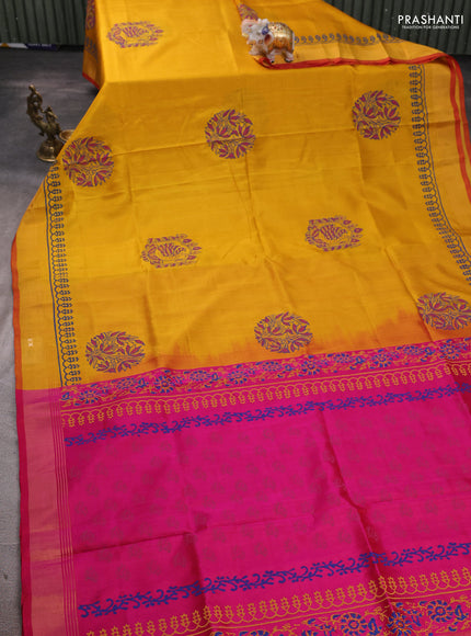Uppada block printed silk saree mango yellow and pink with butta prints and zari woven border