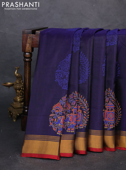 Uppada block printed silk saree dark blue and red with butta prints and zari woven border