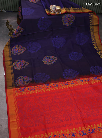 Uppada block printed silk saree dark blue and red with butta prints and zari woven border
