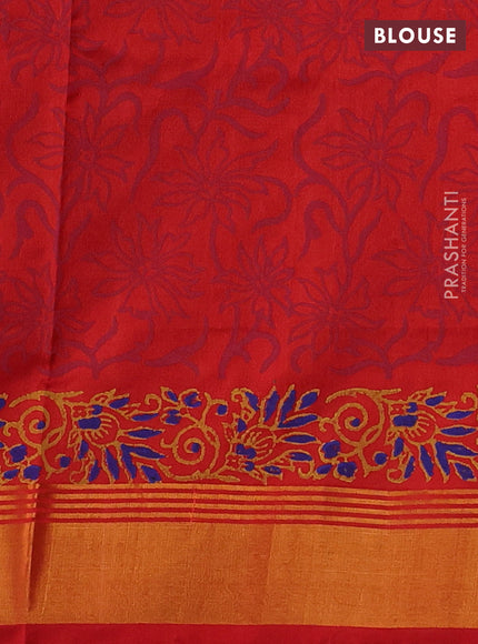 Uppada block printed silk saree dark blue and red with butta prints and zari woven border
