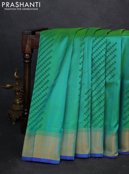 Uppada block printed silk saree green and royal blue with prints and zari woven border
